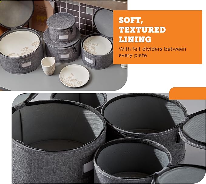 storageLAB China Storage Containers, Hard Shell Case with Felt Dividers for Charger Plates, and Dishes, Ideal for Kitchen Organization, Moving Supplies, and Fine China Storage - 4-Piece Set, Gray