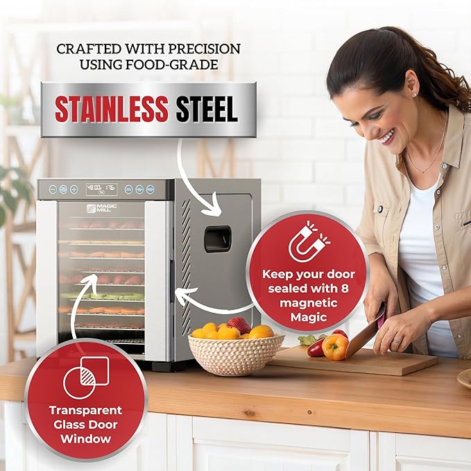 Magic Mill Pro Food Dehydrator Machine | 10 Stainless Steel Trays | Dryer for Jerky, Dog Treats, Herb, Meat, Beef, Fruit | Keep Warm Function, Digital Timer and Temperature Control, ETL Approved
