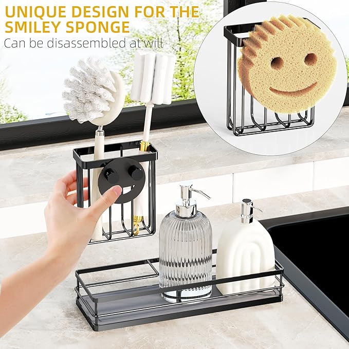 Sink Caddy Organizer with Water Absorbing Stone Tray, Instant Dry Sponge Holder Smiley Face, Dish Brush Holder for Countertop, Kitchen Storage Accessories and Organization Essentials (Black)