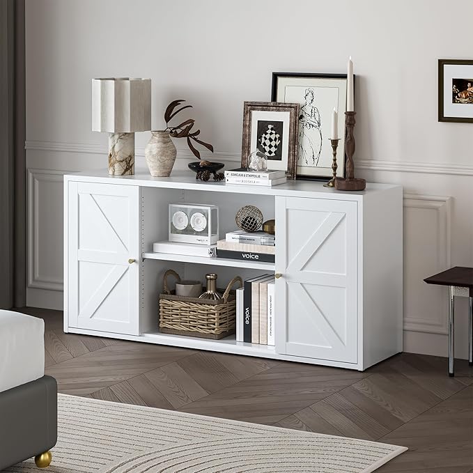 Metal TV Stand for 65 Inch TV, Farmhouse TV Entertainment Center with Storage Cabinets and Adjustable Shelves, Modern Media TV Console Table, TV Cabinet for Living Room, Bedroom, White