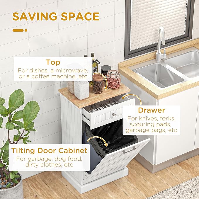 HRVEOCEI Single Tilt Out Trash Can Cabinet for 10 Gallon, Trash Can Holder Cabinet with Drawer, Farmhouse Garbage Cabinets for Kitchen Living Room, Easy to Clean (White + Wood)