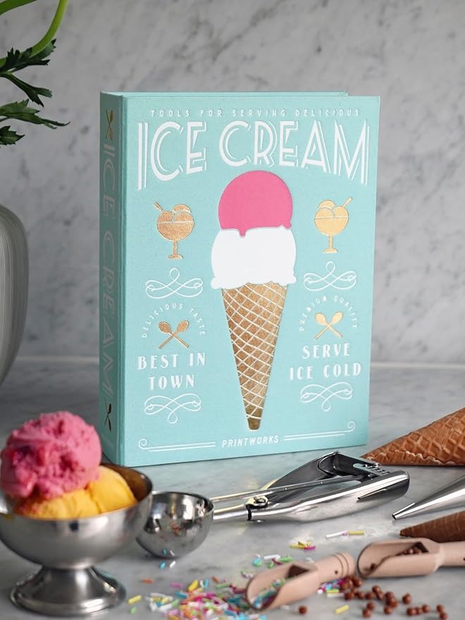 Printworks The Essentials, Ice Cream Tools – Stainless Steel Ice Cream Scoop with Trigger, Cone Shapes and Wooden Sprinkle Scoops, Book-Style Case