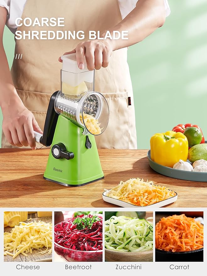 Rotary Cheese Grater with Handle, Reemix Vegetable Cheese Shredder Slicer Grater for Kitchen 3 Changeable Blades for Cheese Potato Zucchini Nuts Chocolate (Green)