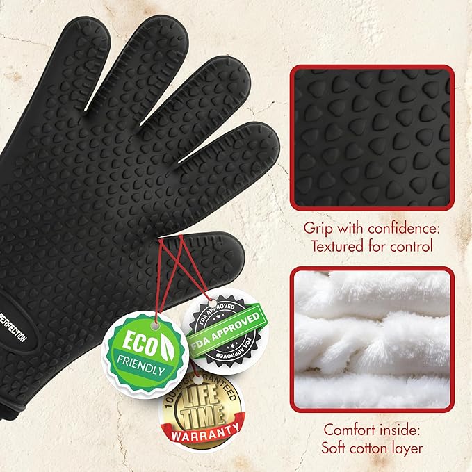KITCHEN PERFECTION Silicone Oven & Griddle Gloves -Extreme Heat Resistant BBQ & Grilling Gloves -Handle Hot Food Right on Your Griddle |Waterproof Oven Mitts Grill Gloves |Superior Set+3 Bonuses