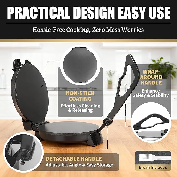 FineMade Compact 10'' Roti Maker Machine, Electric Tortilla Press with Detachable Handle, Prensa Para Tortillas,Chapati Maker Machine, Burrito Maker, Tortillera, Black