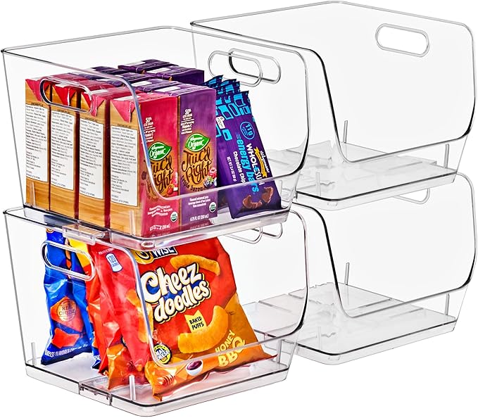 Sorbus Stackable Storage Bins Open Front, Clear Stackable Storage Bins, Pantry Bins for Storage and Organization, Acrylic Stackable Bins for Kitchen, Clear Pantry Organizer Bins (Medium Sqware 4 Pack)