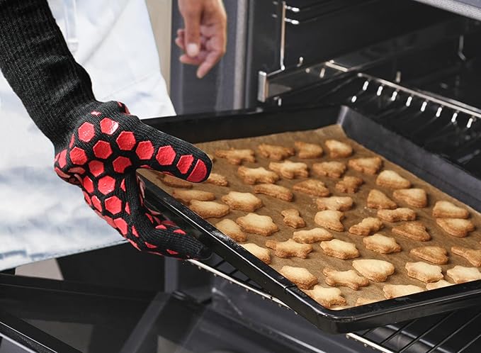 J H Heat Resistant Oven Glove:EN407 Certified 932 °F, 2 Layers Silicone Coating, Oven Mitts for Cooking, Kitchen, Fireplace,Camping, Grilling (Black/Red, Extra Long Cuff (Upgrade Comfortable FIT))