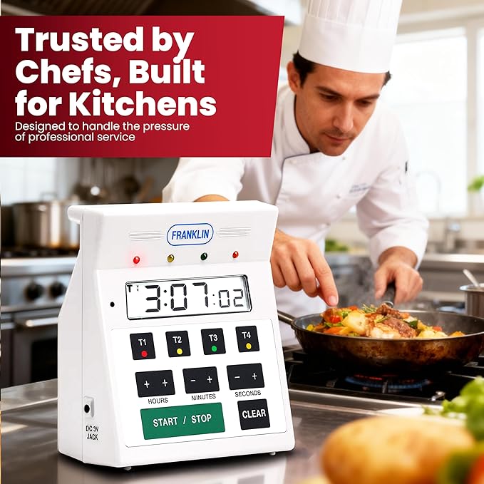 FMP Digital 4 Channel Commercial Kitchen Timer - Battery Operated Digital Countdown Timer for Kitchen, Cooking, Restaurant, Classroom – Water Resistant - 7-Inch, White - 151-7500 by FryOilSaver Co