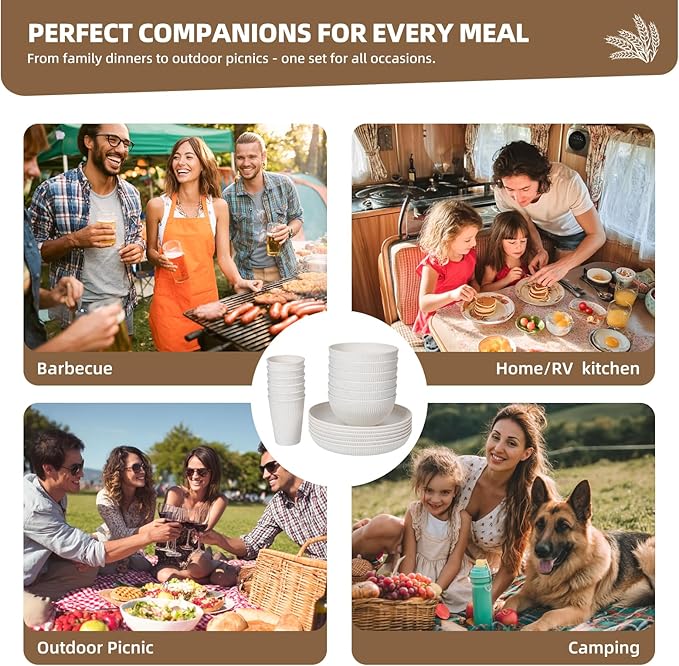 Wheat Straw Dinnerware Sets for 6 - Lightweight & Unbreakable Cups Plates and Bowls Sets Microwave 18 pcs Dinnerware Set for Kitchen, Travel & Camping Beige