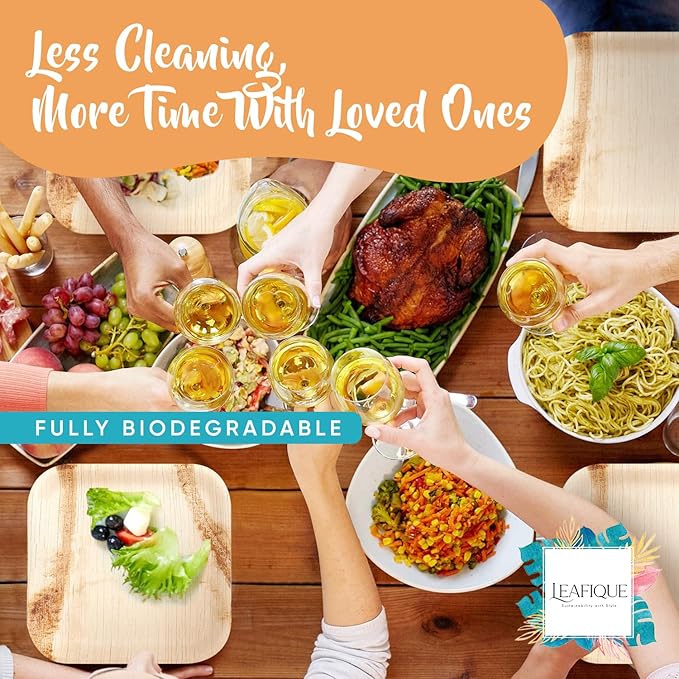 100% Natural 8 Inch Square Palm Leaf 50 Plates + 100 Cutlery (50 Forks & 50 Knives), Biodegradable Dinnerware for Catering, Birthdays, Halloween, BBQs, Alternative to Paper & Bamboo Plates Disposable