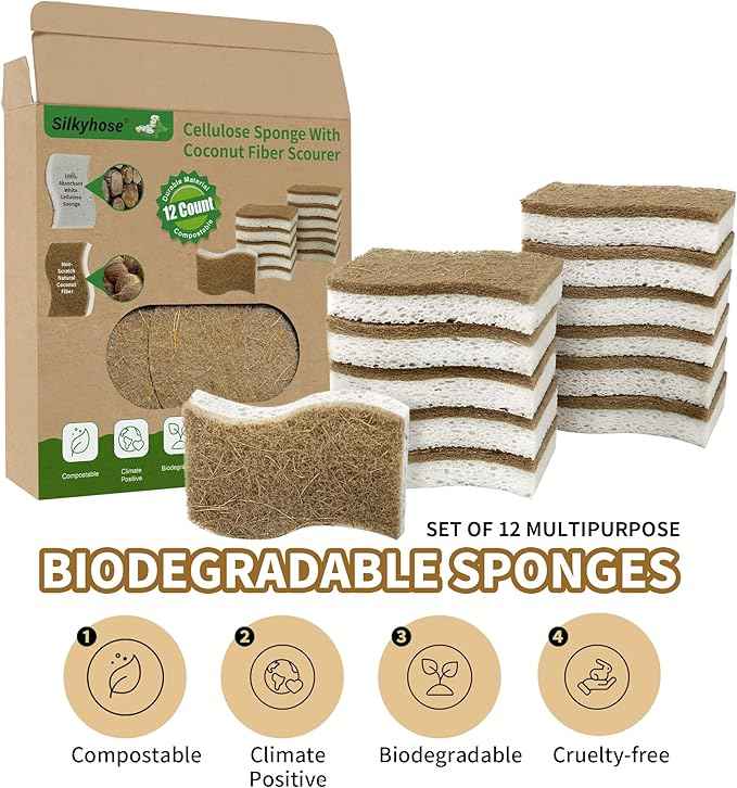 12 Pack Natural Kitchen Sponges, Biodegradable & Compostable | Non-Scratch Cellulose Coconut Fiber Sponges for Dishes, Pots & Pans | Eco-Friendly Cleaning Sponge