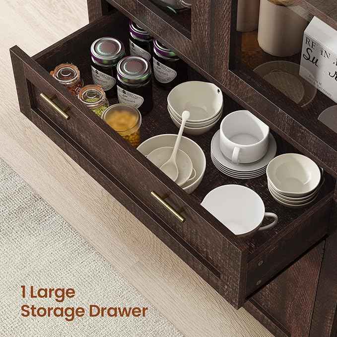 Itaar 71" Arched Kitchen Pantry Cabinet, Kitchen Storage Cabinets with 1 Large Drawer & Storage Cart 2 Tier & Door Shelves for Living Room, Dining Room, Brown