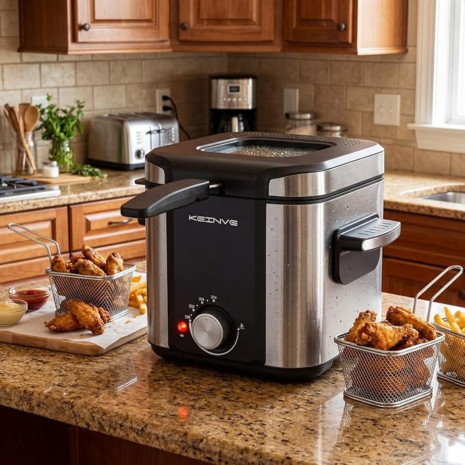 KEINVE Electric Deep Fryer, 1.5 Liters 900W Oil Fryer Perfect for Home Use, Small Deep Fryer with Basket, Cool Touch Sides, Nonstick