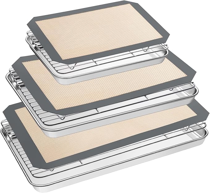 Baking Sheet Tray Cooling Rack with Silicone Mat Set, Stainless Steel Cookie Pan For Oven, Set of 9 (3 Sheets + 3 Racks Mats), Warp Resistant & Heavy Duty & Easy Clean, Grey