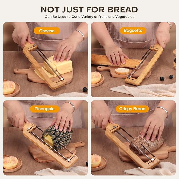 Adjustable Bread Knife for Homemade Bread Sourdough, 304 Stainless Steel Bread Slicer with Precision Slicing Guide, Bamboo Handle Bow Bread Knife with Extra Blade, Manual Bread Cutter Gift for Bakers
