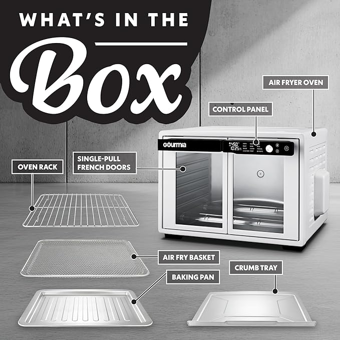 Gourmia French Door Air Fryer Oven - 37 Qt Large Capacity Convection Toaster Oven, FryForce 360°, Digital Display, 12 Cooking Presets, Dehydrate, Fits 13” Pizza, Dishwasher-Safe, White