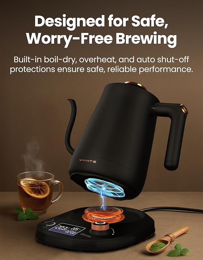 Vianté Electric Gooseneck Kettle with Precise Temperature Control. Pour Over Coffee & Tea Kettle. Boil-Dry Protection & Keep Warm Function. Stainless Steel, BPA-Free. Includes #2 Filters. 0.8L