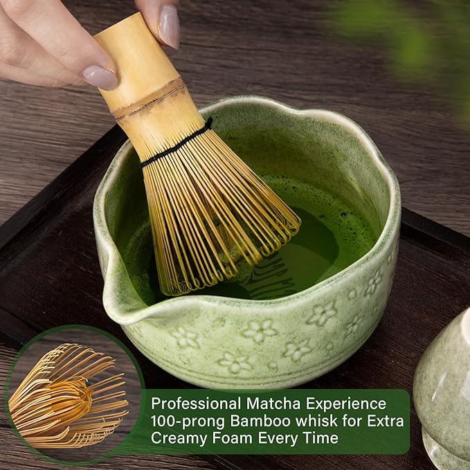 ALBISS Matcha Whisk Set - 7 Pcs Ceramic Matcha Kit with 18oz Spout Bowl & Cherry Blossom Design, Bamboo Whisk & Holder, Scoop, Rest, Sifter, Towel, Elegant Japanese Tea Gift Set for Macha Lover, Green