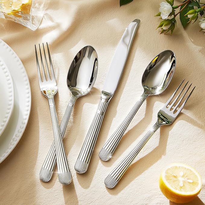 KINGSTONE 40-Piece Silverware Set, 18/10 Stainless Steel Flatware Set - Luxury Elegant Striped Cutlery with Dishwasher Safe, Durable for Family Dining, Catering, Weddings, Anniversaries Gift