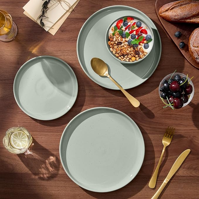 E-far 12-Piece Stoneware Dinnerware Sets, Plates and Bowls Sets for 4, Ceramic Dishware Dishes Set with Terracotta Base, Chip & Scratch Resistant, Microwave & Dishwasher Safe, Speckled Green