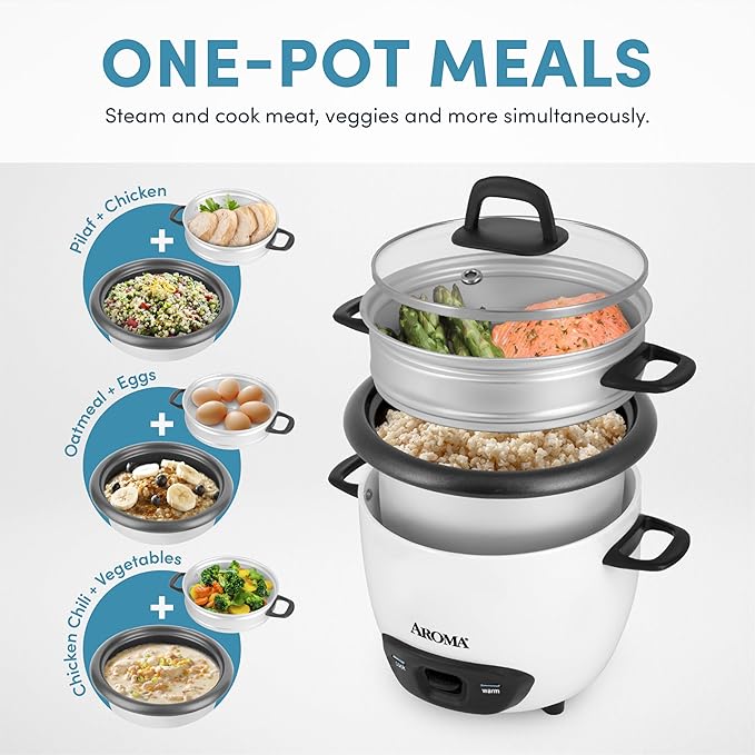 AROMA® Rice Cooker, 3-Cup (Uncooked) / 6-Cup (Cooked), Steamer, Small Rice Cooker, Oatmeal Cooker, Soup Maker, Auto Keep Warm, 1.5 Qt, White, ARC-743-1NG