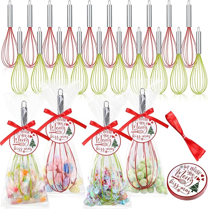 24 Sets 12 Inch Christmas Whisks Gifts DIY Fillable Christmas Tree Ornaments Xmas Colored Silicone Whisks for Cooking Heat Resistant Egg Beaters with Card Rope Bag for Candy Holder