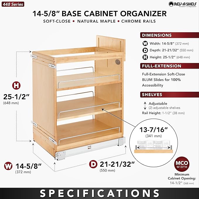 Rev-A-Shelf 14" Pullout Storage Organizer for Base Kitchen/Bathroom Cabinets with Soft-Close Full Extension Slides & Adjustable Shelves, 448-BCSC-14C