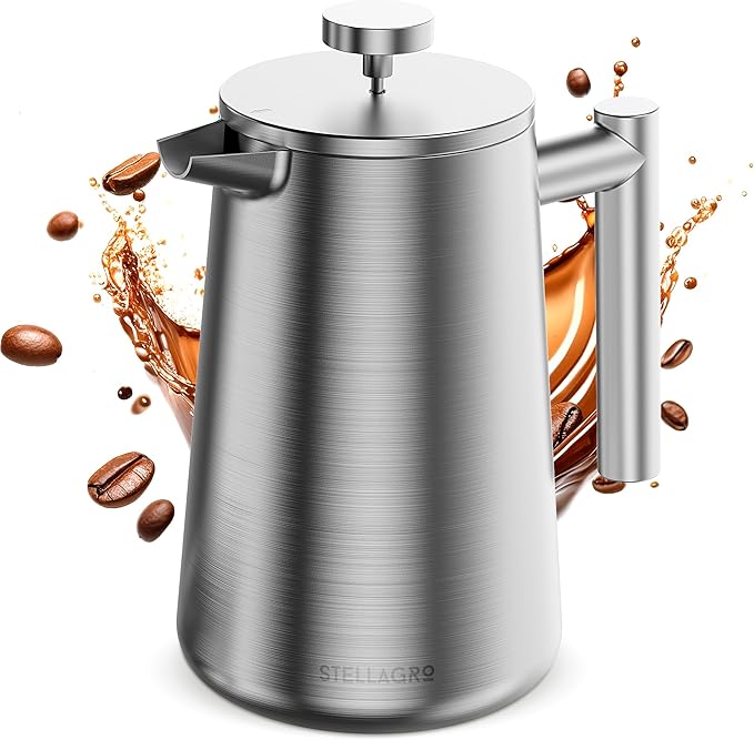 French Press Coffee Maker, Stainless Steel French Press, 34 Oz / 1L, Large Insulated Double Wall Coffee Maker with 3 Extra Mesh Filters, Satin Finish, Silver