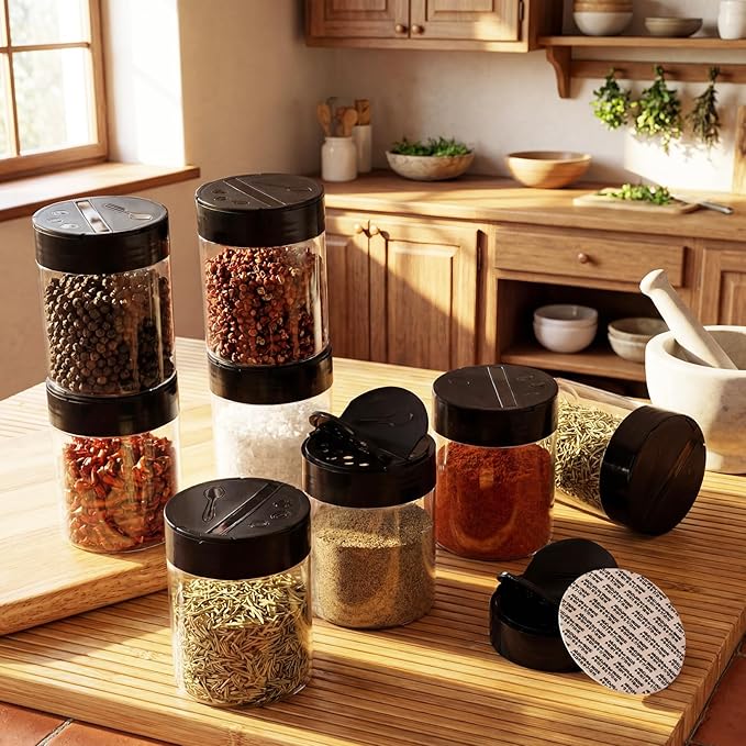 50 Pack 6 oz Plastic Spice Jars with Black Cap Empty Clear Plastic Spice Bottle Containers Reusable Seasoning Jars with Shaker Lids for Kitchen Storing and Dispensing Salt Powders