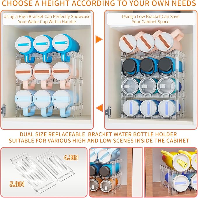 Yieach Large Stanley Cup Holder With Handle Groove,Stackable Tumbler and Water Bottle Organizer for Kitchen Cabinets,2 Tier Waterbottle and Cup Storage Organizer for 40 OZ Yeti,Owala,Yeti Storage