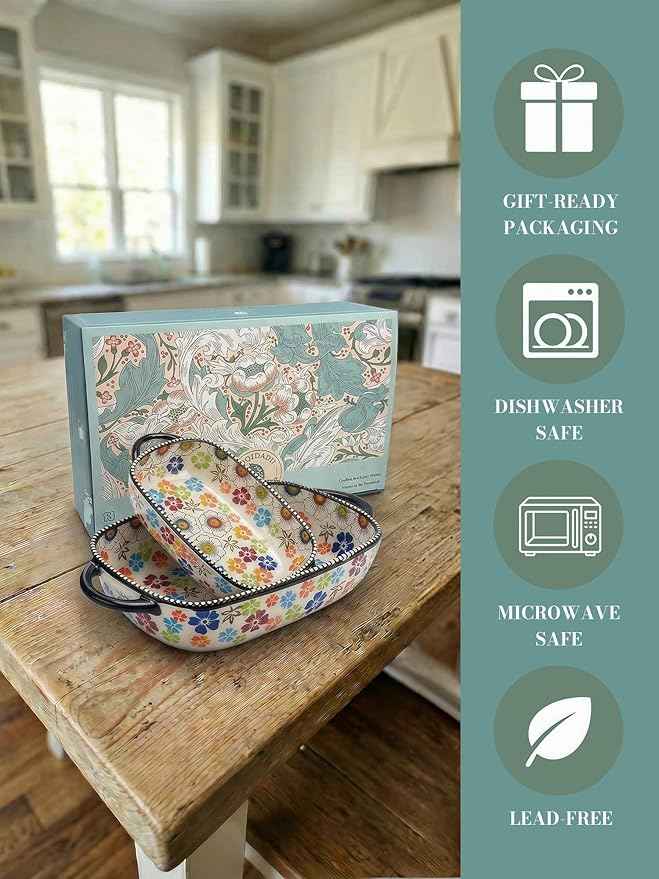 Polish Pottery Style Ceramic Baking Dish Set, 2-Piece Casserole Bakers for 2–3 People, Floral Decorative Bakeware, Oven Safe Lasagna Pan, Microwave Dishwasher Safe, Gift-Ready, Protective Packaging