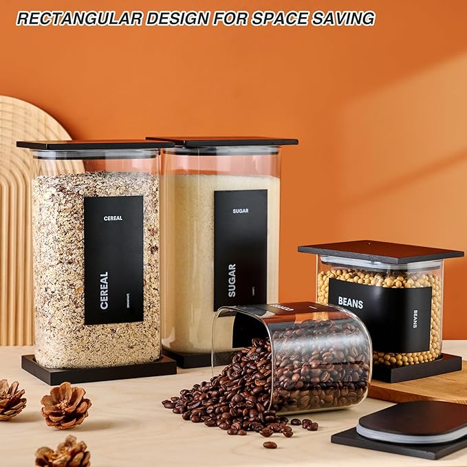 Glass Storage Jars with Bamboo Lids, 50oz Square Food Storage Containers for Kitchen Pantry Organization, Storage Canisters with Labels for Cereal Flour Beans Tea, Large Spice jars Seasoning Bottles