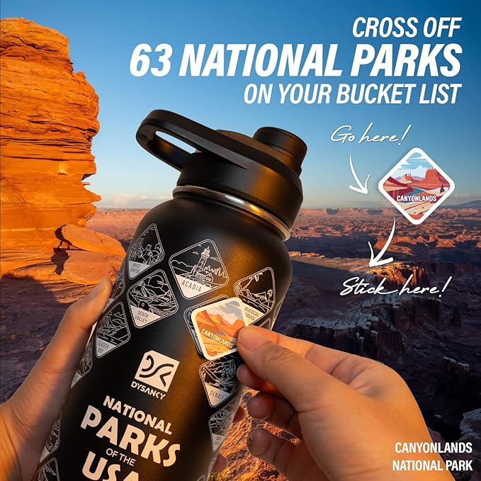 DYSANKY National Parks Water Bottle – 32 oz Insulated Stainless Steel Bottle with 63 Hand-Drawn Park Stickers, Carrier Bag, Strap & Gift Box – BPA-Free – Ideal for Hiking, Camping & Travel
