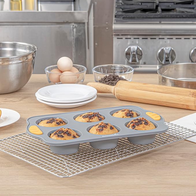 Restaurantware Silicone Baking Mold Pack of 1 Non-Stick Muffin Mold with Handles 6 Compartments, Oven-Friendly Dishwashable Freezer-Friendly Heat-Resistant Gray Silicone Cupcake Muffin Pan