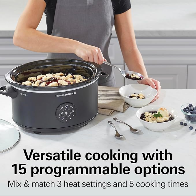Hamilton Beach 7 Quart Set & Forget Portable Programmable Slow Cooker, 15 Cooking Options With 5 Time and 3 Heat Options, Large Dishwasher Safe Stoneware Crock and Glass, Lid Latch, Black (33670)