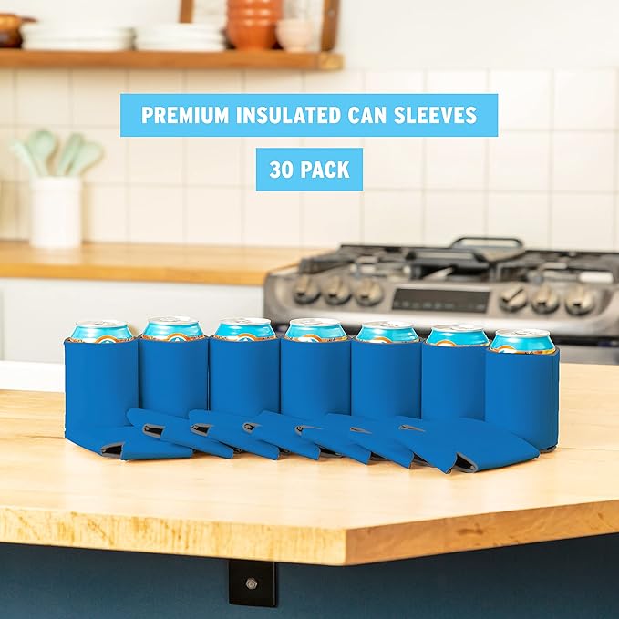 Blank Beer Can Coolers Sleeves (30-Pack) Soft Insulated Beer Can Coolies - HTV Friendly Plain Koolies in Bulk for Beer Cans & Bottles - Coolie Blanks for Vinyl Projects & Wedding Favors (Blue)