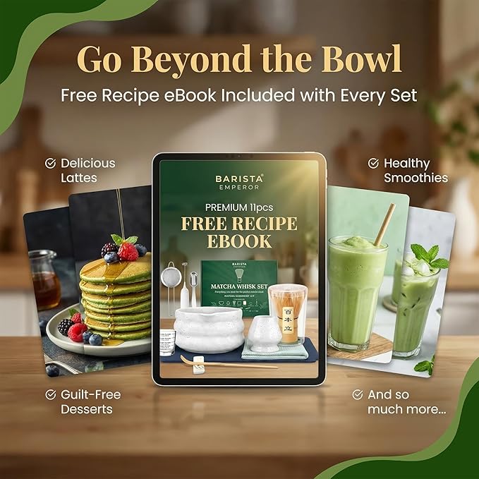 BARISTA EMPEROR® MATCHA WHISK SET PREMIUM 11pcs - Professional Matcha Kit Set with Matcha Bowl, Matcha Whisk, Milk Frother, Spoon, Sifter, Scoop, Stand, Cup, Tea Mat, Cloth - Matcha Bowl Set
