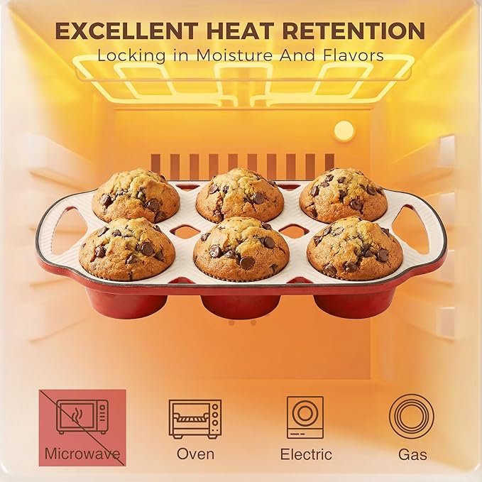 HONGBAKE Everline Collection Enameled Cast Iron Muffin Pan, Non Tocix Naturally Muffin Tin 6, Non Stick Cup Cake Pans for Baking, Oven & Stovetop Safe, Standard Size, 2 Pack, Red