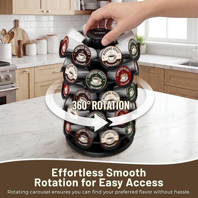 EVERIE Coffee Pod Carousel Organizer for Countertop, Holds 40 Single-Serve Coffee Pods, Smooth 360° Rotating Holder, Space-Saving Coffee Station Storage, Compact 8" x 8" x 12.4"
