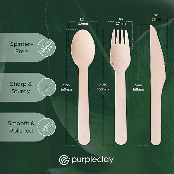Wooden Compostable Utensils Set - 360 Pieces (120 Forks 120 Spoons 120 Knives) Sturdy Wood Disposable Cutlery - Eco-Friendly Biodegradable Utensils for Party - Free From Plastic Cutlery Set for Eating