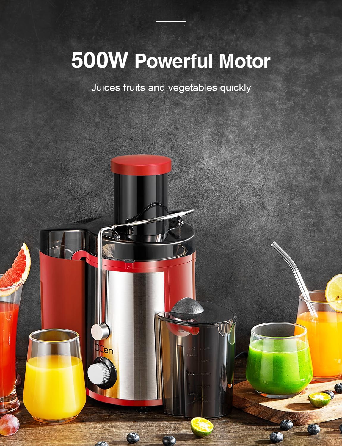 Juicer Machine, 800W Centrifugal Juicer Extractor with Wide Mouth 3” Feed Chute for Fruit Vegetable, Easy to Clean, Stainless Steel, BPA-free (Red)