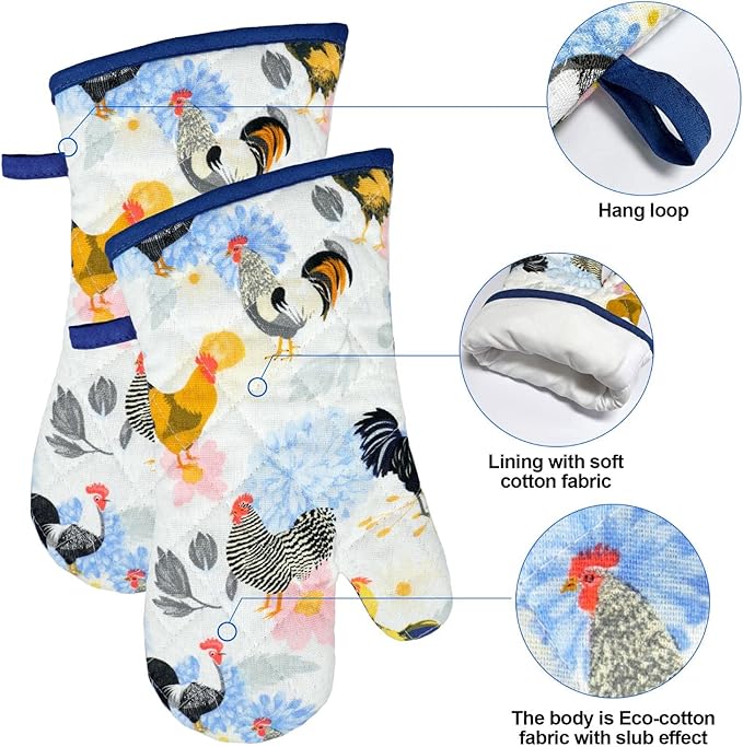 Alselo Oven Mitts and Pot Holders with Chef Apron,Set of 5 Heat Resistant Kitchen Gloves and Silicone Non-Slip Potholders Adjustable Neck Buckle Chef Apron, Cotton Nice Design for Cooking (Rooster)