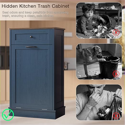 KIGOTY Tilt Out Trash Can Cabinet Trash Bin Cabinet with Hideaway Drawer Hidden Wooden Kitchen Garbage Can, Pet Proof Trash Can Holder for Kitchen (Blue-Brown)