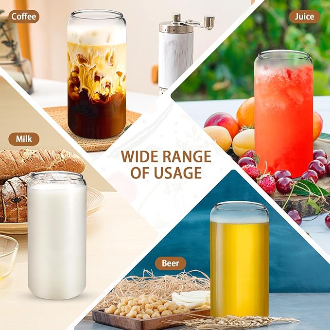 PeacePeo 20 OZ Glass Cups with Lids and Straws, 20 Pack Drinking Glasses with Bamboo Lids Stylish Glass Beer Can Cups with Stainless Steel Straws Iced Coffee Cup Great for Soda Boba Tea Cocktail