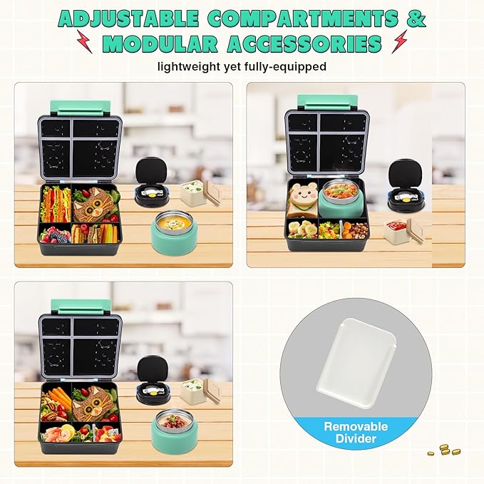 Game Bento Box for Kids, Lunch Box with Thermo(9oz Food Jar), Folding Spoon, Removable Divider & Sauce Cup, Lunch Box Kids for School,Travel, BPA-Free & Realistic Shape(Blue-Green)