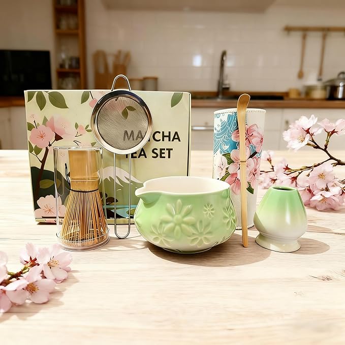 Matcha Whisk Set - Traditional Bamboo Chasen and Pale Green Ceramic Matcha Bowl with Spout, 6Pcs Complete Matcha Making Kit