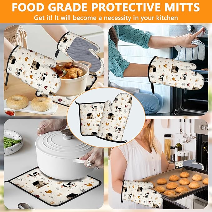 Farmhouse Chickens Oven Mitts and Pot Holders Sets 4Pcs Silicone Non-Slip Mitts Heat Resistant Gloves Hot Pads for Kitchen Cooking Baking Grilling BBQ Rooster