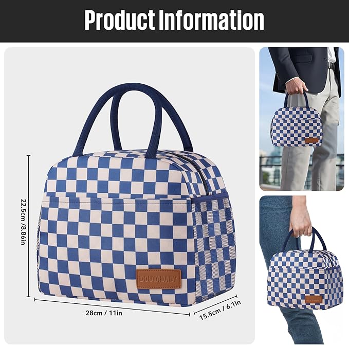 douyadady Lunch Bag Women/Men Lunch Box Women/Men (Blue+Beige Checkerboard)