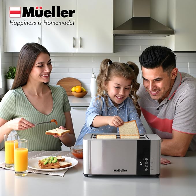 Mueller UltraToast Stainless Steel Toaster 4 Slice – Extra-Wide 1.6" Slots for Artisan Bread, Bagels & Frozen Waffles, 6 Browning Levels, LED Display, Cancel/Defrost/Reheat, Removable Crumb Tray
