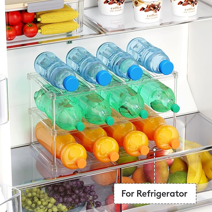 Lifewit Stackable Bottle Storage Organizer, Clear Freestanding Wine Holder for Cabinet, Large Slot Water Bottle Tumbler Cup Organizer for Pantry, Plastic Wine Rack for Fridge Cellar, 3Tier Hold 12